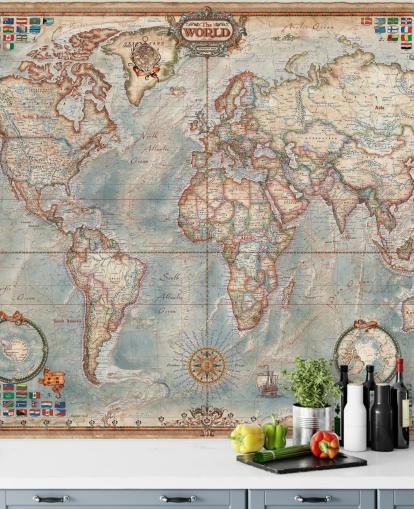 blue and brown world map mural called Executive Map for home offices and bedrooms