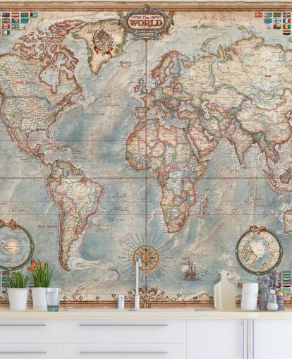 murale con mappa del mondo blu e marrone chiamato Executive Map per casa, uffici e camere da letto murale con mappa del mondo blu e marrone chiamato Executive Map per casa, uffici e camere da letto