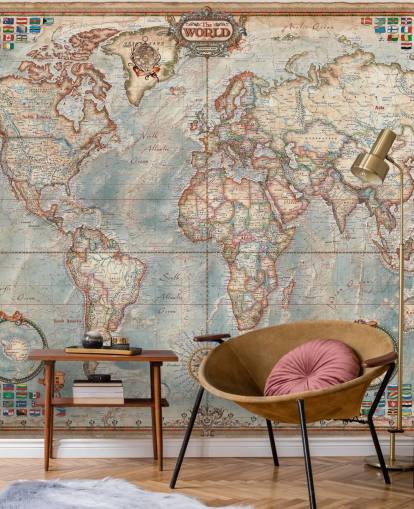 murale con mappa del mondo blu e marrone chiamato Executive Map per casa, uffici e camere da letto