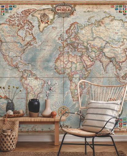 blue and brown world map mural called Executive Map for home offices and bedrooms