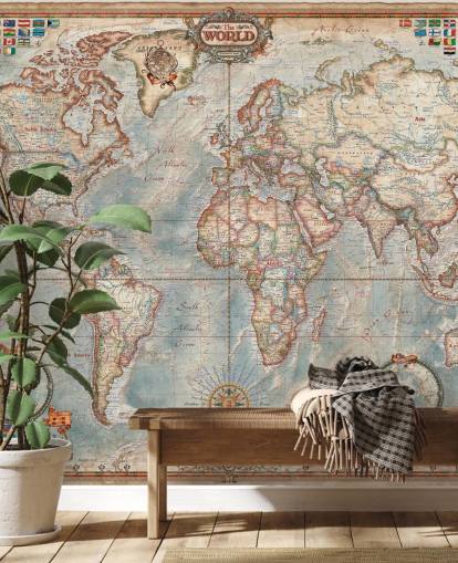 blauwe en bruine muurschildering op de wereldkaart genaamd Executive Map voor thuiskantoren en slaapkamers