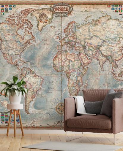 mural de mapamundi azul y marrón llamado Mapa Ejecutivo para oficinas domésticas y dormitorios