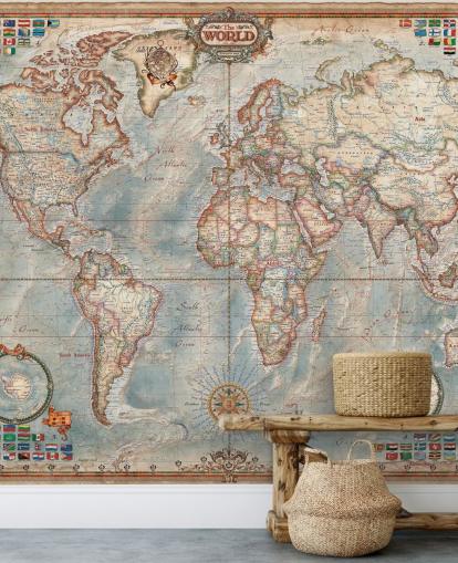 blauwe en bruine muurschildering op de wereldkaart genaamd Executive Map voor thuiskantoren en slaapkamers