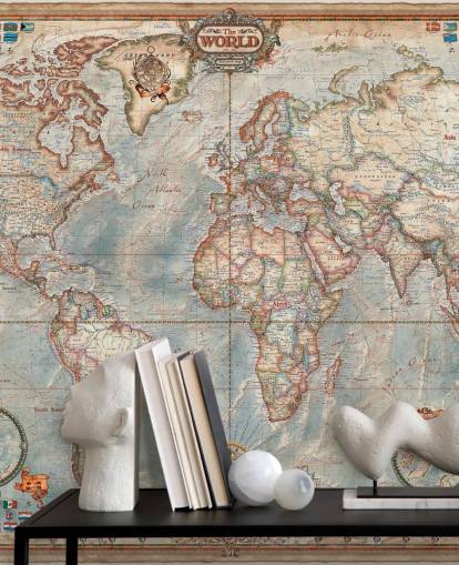 blue and brown world map mural called Executive Map for home offices and bedrooms
