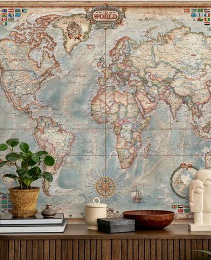 blue and brown world map mural called Executive Map for home offices and bedrooms blue and brown world map mural called Executive Map for home offices and bedrooms