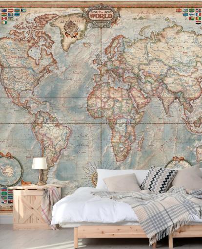 mural de mapamundi azul y marrón llamado Mapa Ejecutivo para oficinas domésticas y dormitorios