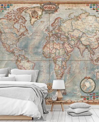 blue and brown world map mural called Executive Map for home offices and bedrooms