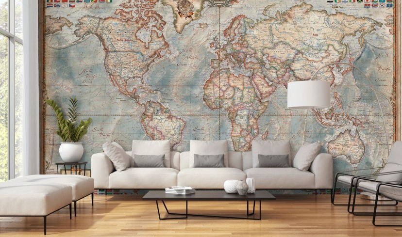 blue and brown world map mural called Executive Map for home offices and bedrooms