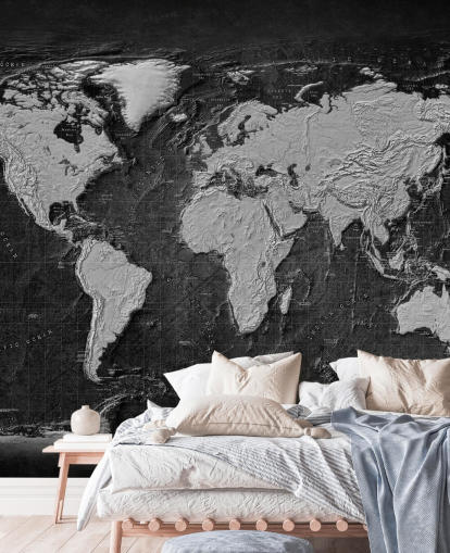 mural de mapamundi negro y gris llamado Industrial Map Terrain Dark para dormitorios y oficinas domésticas
