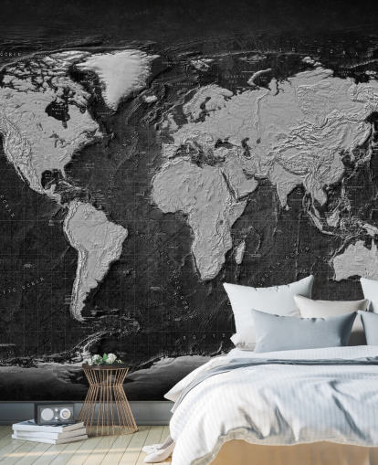 black and gray world map mural called Industrial Map Terrain Dark for bedrooms and home offices