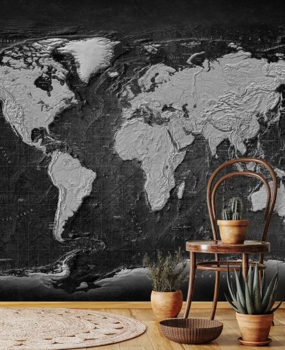zwart-grijze muurschildering op de wereldkaart genaamd Industrial Map Terrain Dark voor slaapkamers en kantoren aan huis