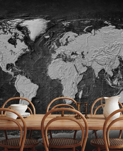 schwarz-graues Weltkarten-Wandbild namens Industrial Map Terrain Dark für Schlafzimmer und Heimbüro