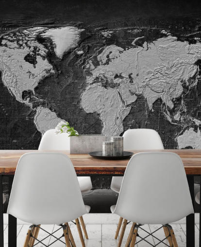 black and gray world map mural called Industrial Map Terrain Dark for bedrooms and home offices black and gray world map mural called Industrial Map Terrain Dark for bedrooms and home offices