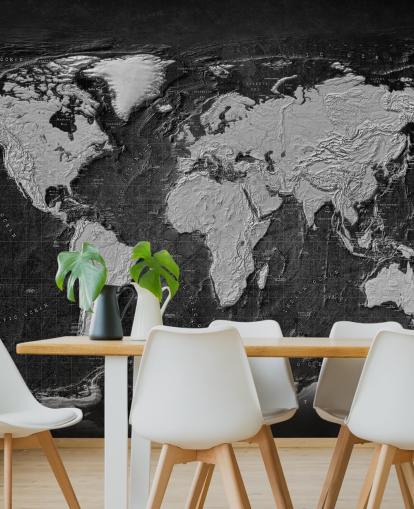 black and grey world map mural called Industrial Map Terrain Dark for bedrooms and home offices