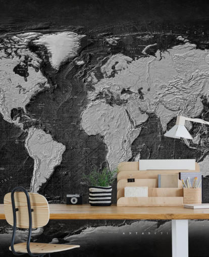 zwart-grijze muurschildering op de wereldkaart genaamd Industrial Map Terrain Dark voor slaapkamers en kantoren aan huis