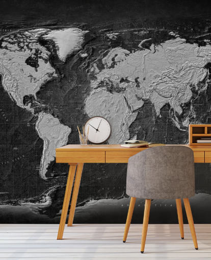 mural de mapamundi negro y gris llamado Industrial Map Terrain Dark para dormitorios y oficinas domésticas