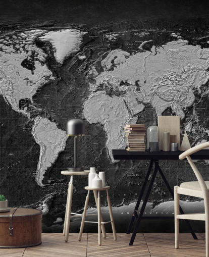 murale con mappa del mondo nera e grigia chiamata Industrial Map Terrain Dark per camere da letto e uffici domestici murale con mappa del mondo nera e grigia chiamata Industrial Map Terrain Dark per camere da letto e uffici domestici