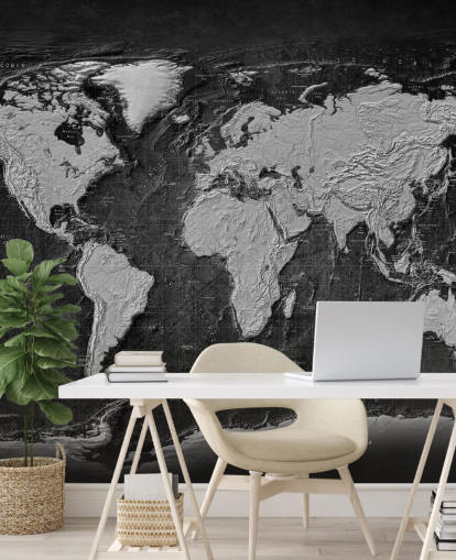 mural de mapa-múndi em preto e cinza chamado Industrial Map Terrain Dark para quartos e escritórios domésticos
