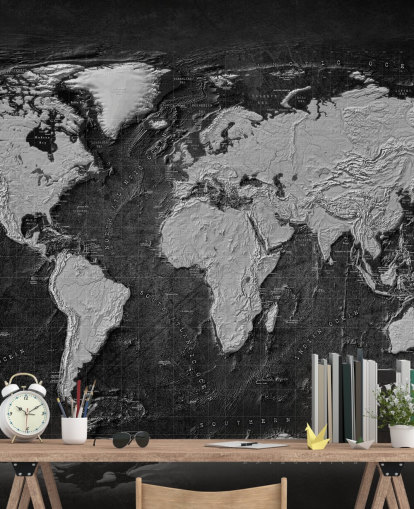 black and gray world map mural called Industrial Map Terrain Dark for bedrooms and home offices