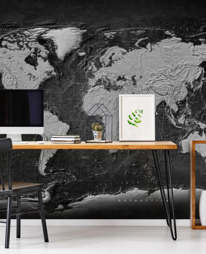 sort og grå verdenskort vægmaleri kaldet Industrial Map Terrain Dark til soveværelser og hjemmekontorer