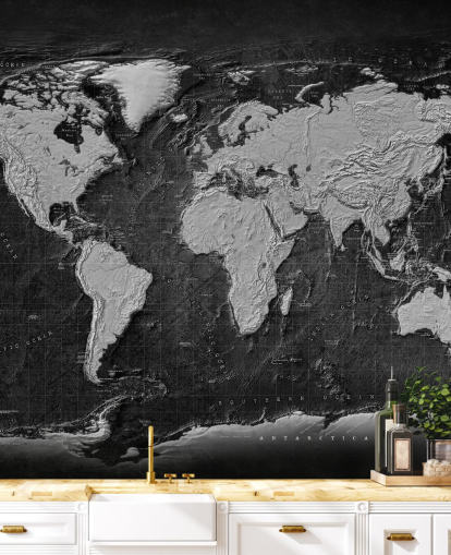 schwarz-graues Weltkarten-Wandbild namens Industrial Map Terrain Dark für Schlafzimmer und Heimbüro schwarz-graues Weltkarten-Wandbild namens Industrial Map Terrain Dark für Schlafzimmer und Heimbüro