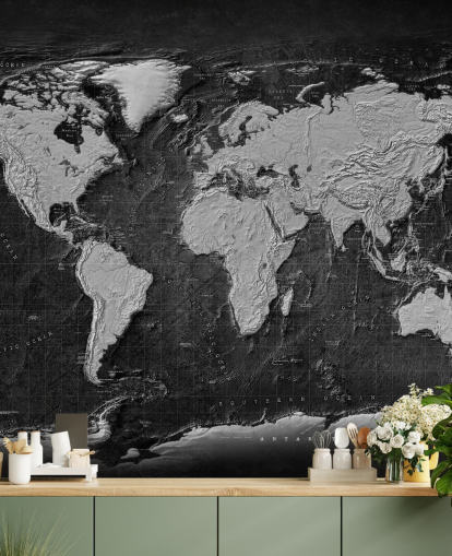 black and grey world map mural called Industrial Map Terrain Dark for bedrooms and home offices