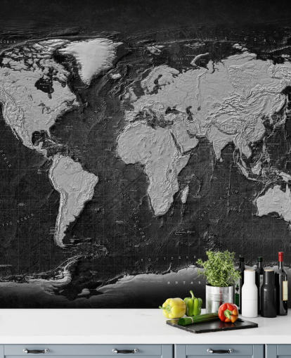 zwart-grijze muurschildering op de wereldkaart genaamd Industrial Map Terrain Dark voor slaapkamers en kantoren aan huis zwart-grijze muurschildering op de wereldkaart genaamd Industrial Map Terrain Dark voor slaapkamers en kantoren aan huis