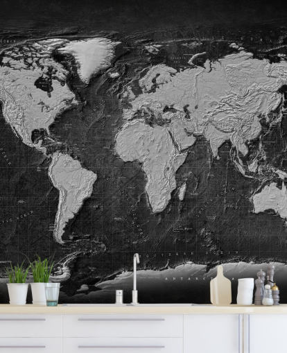 mural de mapamundi negro y gris llamado Industrial Map Terrain Dark para dormitorios y oficinas domésticas mural de mapamundi negro y gris llamado Industrial Map Terrain Dark para dormitorios y oficinas domésticas