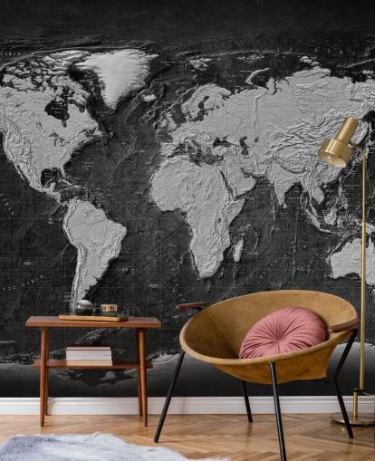 mural de mapa-múndi em preto e cinza chamado Industrial Map Terrain Dark para quartos e escritórios domésticos mural de mapa-múndi em preto e cinza chamado Industrial Map Terrain Dark para quartos e escritórios domésticos