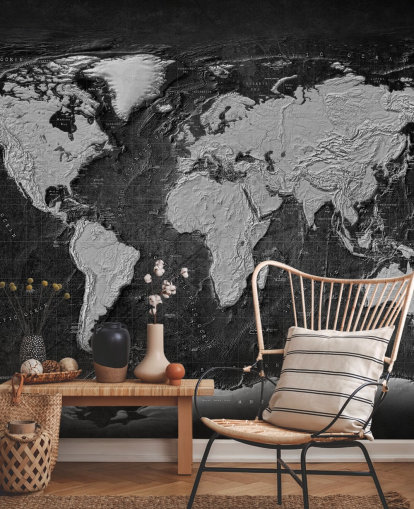 black and grey world map mural called Industrial Map Terrain Dark for bedrooms and home offices