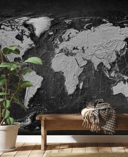 black and gray world map mural called Industrial Map Terrain Dark for bedrooms and home offices