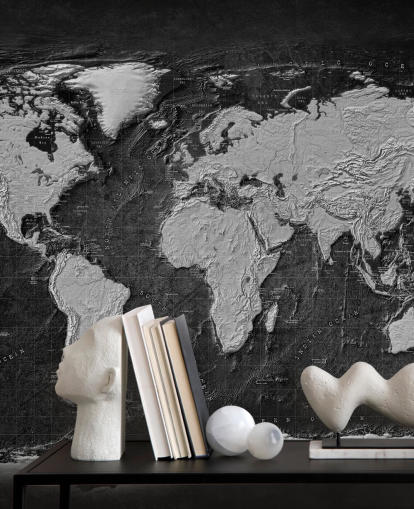 black and gray world map mural called Industrial Map Terrain Dark for bedrooms and home offices