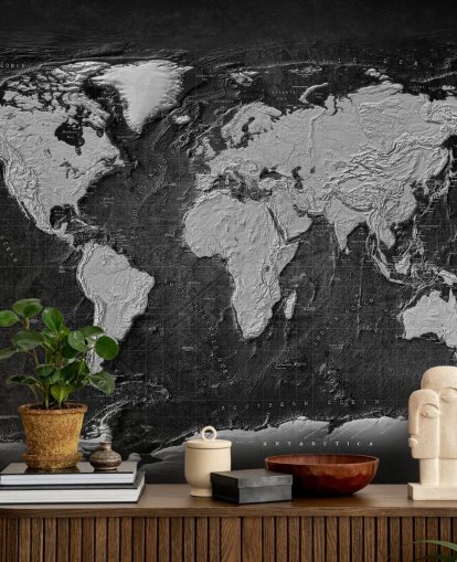 black and gray world map mural called Industrial Map Terrain Dark for bedrooms and home offices