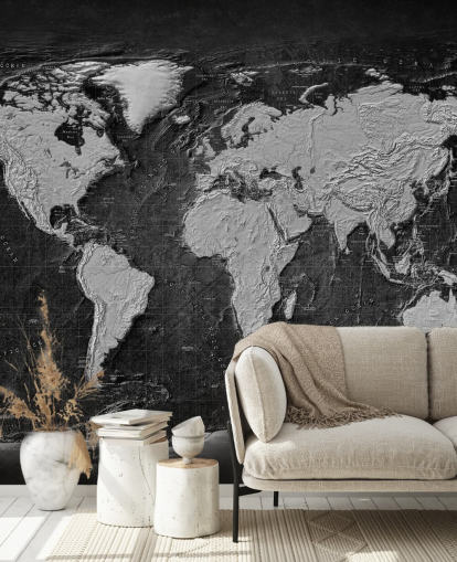 murale con mappa del mondo nera e grigia chiamata Industrial Map Terrain Dark per camere da letto e uffici domestici