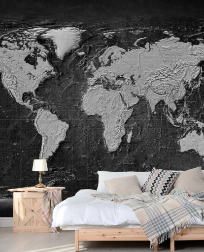 black and grey world map mural called Industrial Map Terrain Dark for bedrooms and home offices