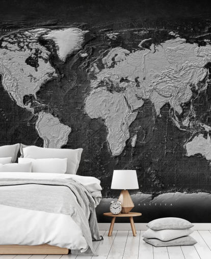 mural de mapamundi negro y gris llamado Industrial Map Terrain Dark para dormitorios y oficinas domésticas mural de mapamundi negro y gris llamado Industrial Map Terrain Dark para dormitorios y oficinas domésticas