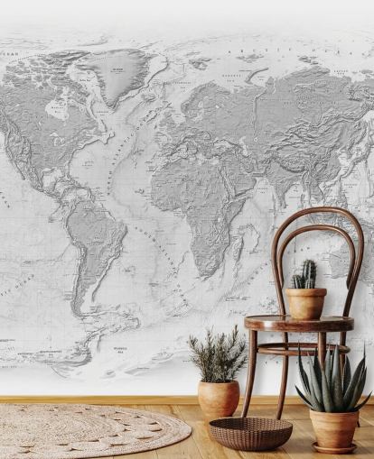 murale con mappa del mondo grigia