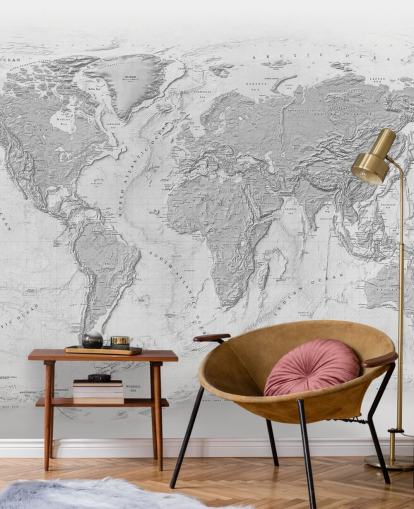 gray world map mural