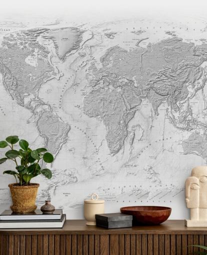 gray world map mural