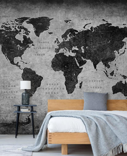 donkere muurschildering op de wereldkaart genaamd Industrial Map voor slaapkamers, thuiskantoren en woonkamers