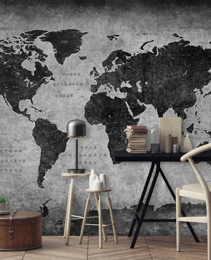 donkere muurschildering op de wereldkaart genaamd Industrial Map voor slaapkamers, thuiskantoren en woonkamers