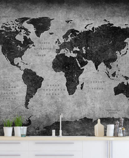 donkere muurschildering op de wereldkaart genaamd Industrial Map voor slaapkamers, thuiskantoren en woonkamers