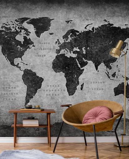 donkere muurschildering op de wereldkaart genaamd Industrial Map voor slaapkamers, thuiskantoren en woonkamers