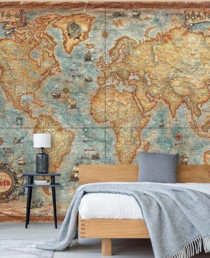 antikt verdenskort vægmaleri kaldet World Map Antique af Ray & Co til hjemmekontorer, college og skoler