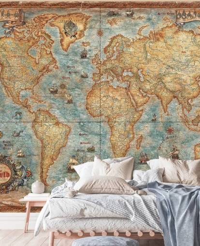 antikt verdenskort vægmaleri kaldet World Map Antique af Ray & Co til hjemmekontorer, college og skoler