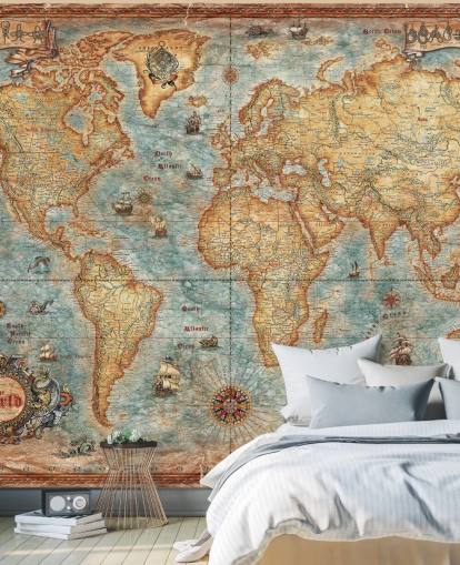 antik världskarta väggmålning kallad World Map Antique av Ray & Co för hemmakontor, högskola och skolor