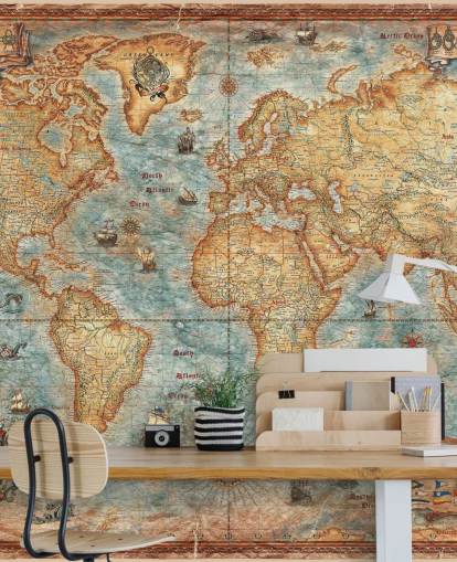 antikes Weltkarten-Wandbild namens World Map Antique von Ray & Co für Heimbüros, College und Schulen