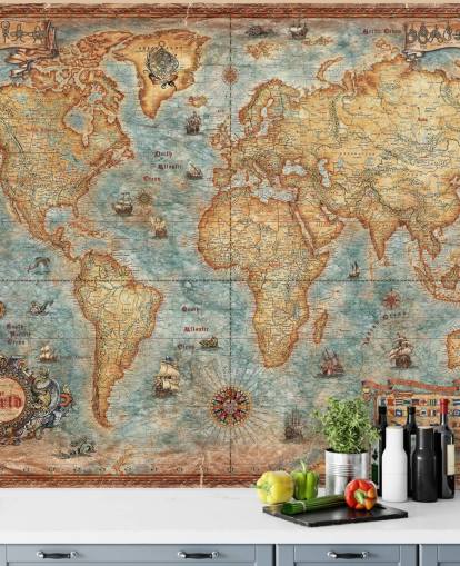 murale antico con mappa del mondo chiamato World Map Antique di Ray & Co per uffici domestici, college e scuole