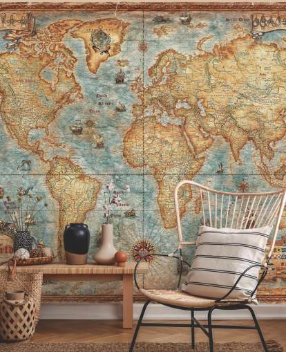 antik världskarta väggmålning kallad World Map Antique av Ray & Co för hemmakontor, högskola och skolor