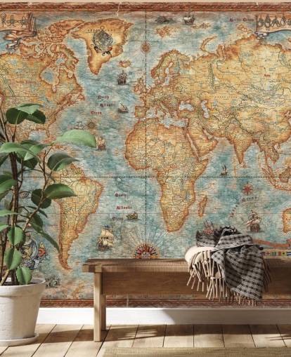 antikt verdenskort vægmaleri kaldet World Map Antique af Ray & Co til hjemmekontorer, college og skoler